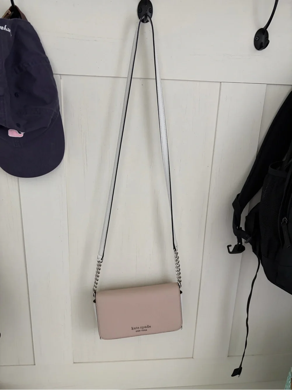 kate spade blush pink leather crossbody with chain-accent strap